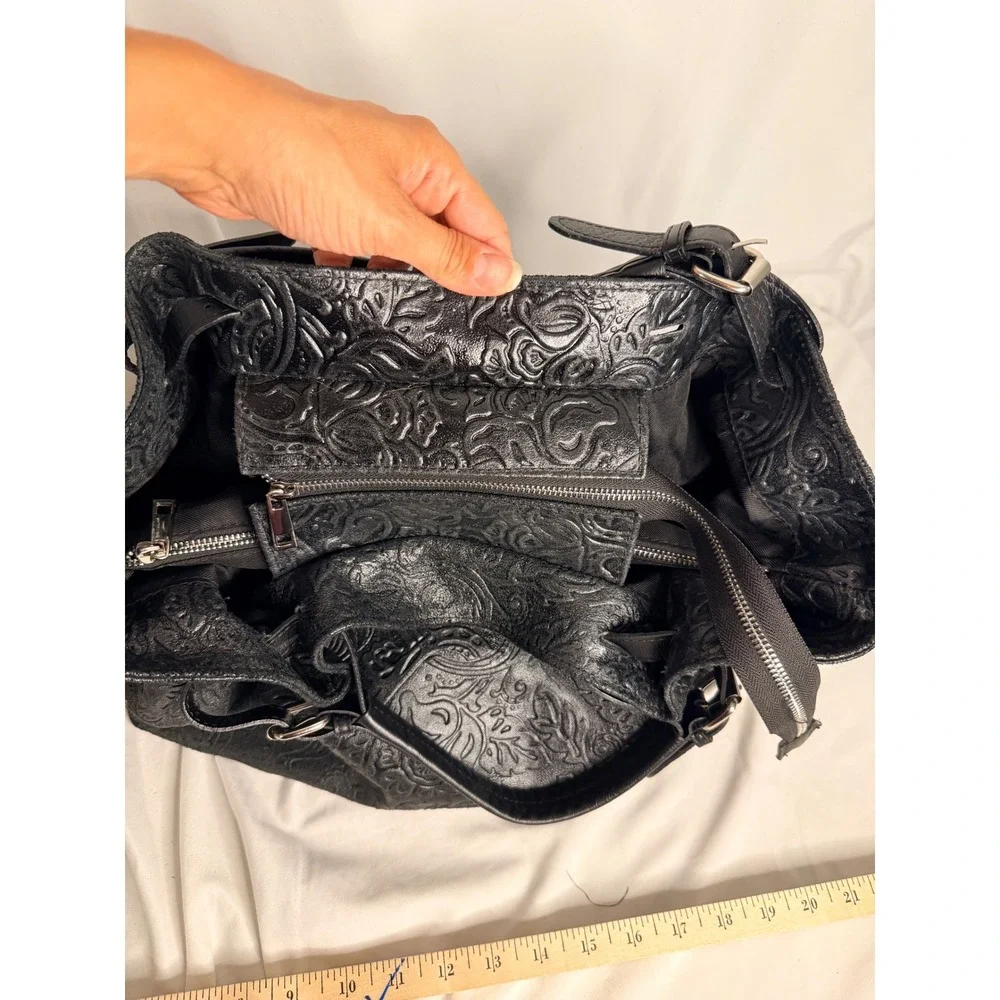 Isadora Italy Black Embossed Floral Leather Hobo Bag Slouchy Shoulder Tote Large